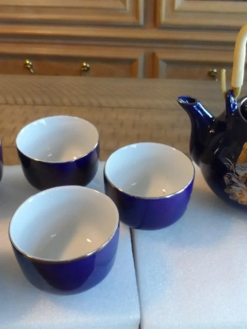 Japanese Cobalt Blue Teapot + 5 Cups Peacock/Floral/Gold Trim Bamboo Handle VTG